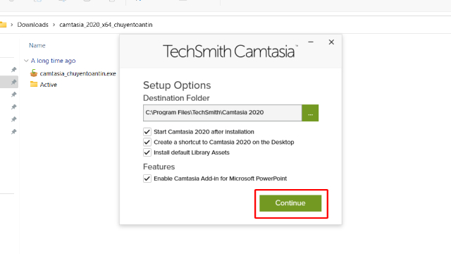 Seleccione el lugar para instalar Camtasia 2020 y seleccione Continuar