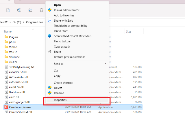 Haga clic en la derecha en camecorder.exe y seleccione Propiedades
